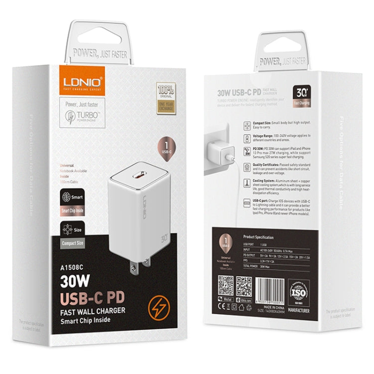 LDNIO A1508C PD30W USB-C / Type-C Fast Charger with 1m 8 Pin Cable(White) - USB Charger by LDNIO | Online Shopping South Africa | PMC Jewellery | Buy Now Pay Later Mobicred