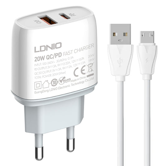 LDNIO Q229 QC3.0 / PD20W USB + Type-C Fast Charger with 1m USB to Micro USB Cable, Plug Type:EU Plug(White) - USB Charger by LDNIO | Online Shopping South Africa | PMC Jewellery | Buy Now Pay Later Mobicred