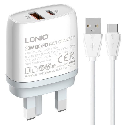 LDNIO Q229 QC3.0 / PD20W USB + Type-C Fast Charger with 1m USB to Type-C Cable, Plug Type:UK Plug(White) - USB Charger by LDNIO | Online Shopping South Africa | PMC Jewellery | Buy Now Pay Later Mobicred