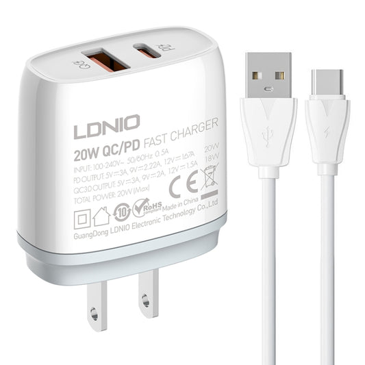 LDNIO Q229 QC3.0 / PD20W USB + Type-C Fast Charger with 1m USB to Type-C Cable, Plug Type:US Plug(White) - USB Charger by LDNIO | Online Shopping South Africa | PMC Jewellery | Buy Now Pay Later Mobicred