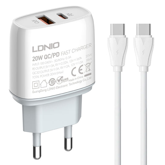 LDNIO Q229 QC3.0 / PD20W USB + Type-C Fast Charger with 1m Type-C to Type-C Cable, Plug Type:EU Plug(White) - USB Charger by LDNIO | Online Shopping South Africa | PMC Jewellery | Buy Now Pay Later Mobicred