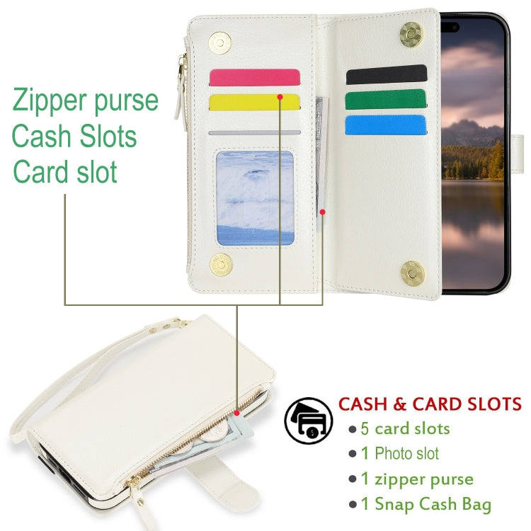 For iPhone 16 Plus Wristband Holder Zipper Purse RFID Leather Phone Case(White) - iPhone 16 Plus Cases by PMC Jewellery | Online Shopping South Africa | PMC Jewellery | Buy Now Pay Later Mobicred