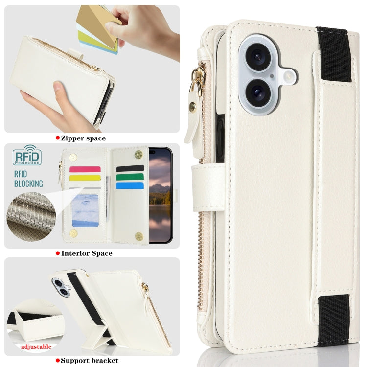 For iPhone 16 Plus Wristband Holder Zipper Purse RFID Leather Phone Case(White) - iPhone 16 Plus Cases by PMC Jewellery | Online Shopping South Africa | PMC Jewellery | Buy Now Pay Later Mobicred