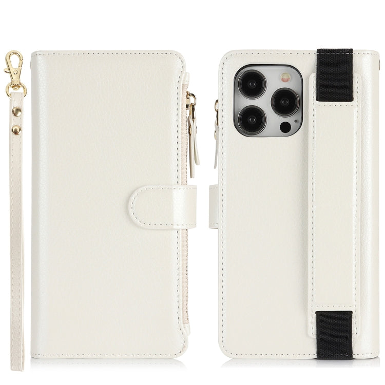 For iPhone 16 Pro Wristband Holder Zipper Purse RFID Leather Phone Case(White) - iPhone 16 Pro Cases by PMC TechLife | Online Shopping South Africa | PMC TechLife | Buy Now Pay Later Mobicred