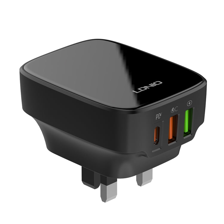 LDNIO Q334 32W Type-C + Dual USB Port Charger with 1m 8 Pin Data Cable, Plug Type:UK Plug(Black) - USB Charger by LDNIO | Online Shopping South Africa | PMC Jewellery | Buy Now Pay Later Mobicred