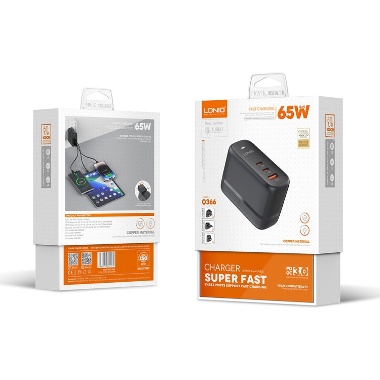 LDNIO Q366 65W USB + Dual Type-C Port Charger with 1m USB-C / Type-C to USB-C / Type-C Data Cable, Plug Type:EU Plug(Black) - free shipping - PMC Jewellery - Order now!