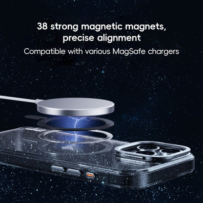 For iPhone 16 Pro Glitter Powder Lens Holder MagSafe Magnetic Phone Case(Transparent Titanium Blue) - iPhone 16 Pro Cases by PMC Jewellery | Online Shopping South Africa | PMC Jewellery | Buy Now Pay Later Mobicred