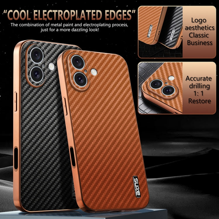 For iPhone 16 Plus AZNS Electroplated Edge Carbon Fiber Texture Phone Case(Black) - free shipping - PMC Jewellery - Order now!