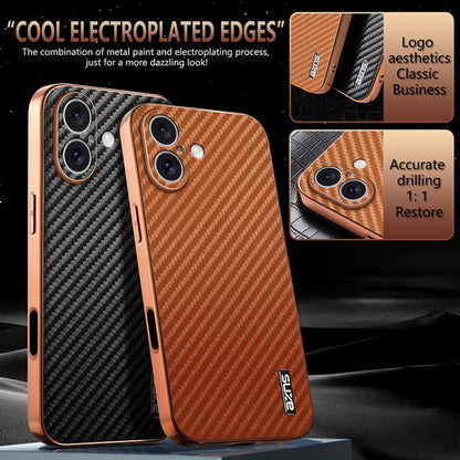 For iPhone 16 AZNS Electroplated Edge Carbon Fiber Texture Phone Case(Brown) - iPhone 16 Cases by AZNS | Online Shopping South Africa | PMC Jewellery | Buy Now Pay Later Mobicred