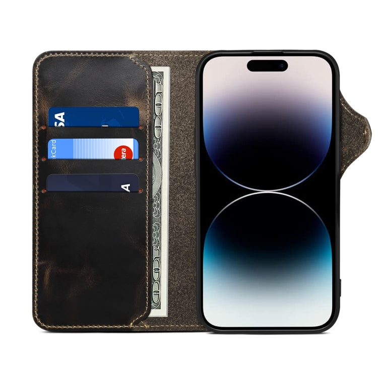 For iPhone 16 Pro Max Denior B01 Oil Wax Cowhide Magnetic Button Genuine Leather Case(Black) - iPhone 16 Pro Max Cases by Denior | Online Shopping South Africa | PMC Jewellery | Buy Now Pay Later Mobicred