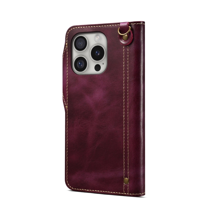 For iPhone 16 Pro Max Denior B01 Oil Wax Cowhide Magnetic Button Genuine Leather Case(Purple) - iPhone 16 Pro Max Cases by Denior | Online Shopping South Africa | PMC Jewellery | Buy Now Pay Later Mobicred