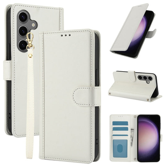 For Samsung Galaxy S25+ 5G Skin Feel Pure Color Card Slots Leather Phone Case with Dual Lanyard(White) - Galaxy S25+ 5G Cases by PMC Jewellery | Online Shopping South Africa | PMC Jewellery | Buy Now Pay Later Mobicred