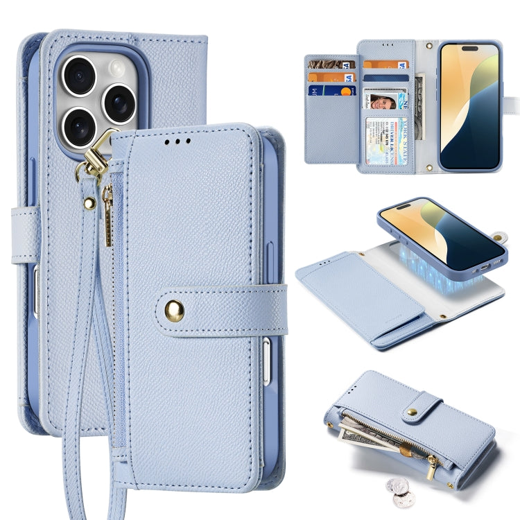 For iPhone 16 Pro DUX DUCIS Lawa Series 2 in 1 Wallet Zipper Detachable MagSafe Phone Case with Lanyard(Light Blue) - iPhone 16 Pro Cases by DUX DUCIS | Online Shopping South Africa | PMC Jewellery | Buy Now Pay Later Mobicred