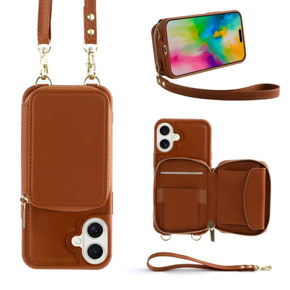 For iPhone 16 Plus Crossbody Zipper Wallet Bag Leather Phone Case with Lanyard(Brown) - iPhone 16 Plus Cases by PMC Jewellery | Online Shopping South Africa | PMC Jewellery | Buy Now Pay Later Mobicred