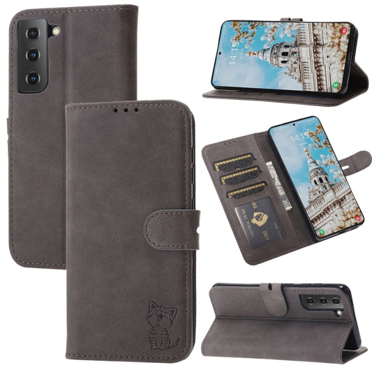 For Samsung Galaxy S25+ 5G Embossed Happy Cat Pattern Flip Leather Phone Case(Grey) - Galaxy S25+ 5G Cases by PMC Jewellery | Online Shopping South Africa | PMC Jewellery | Buy Now Pay Later Mobicred