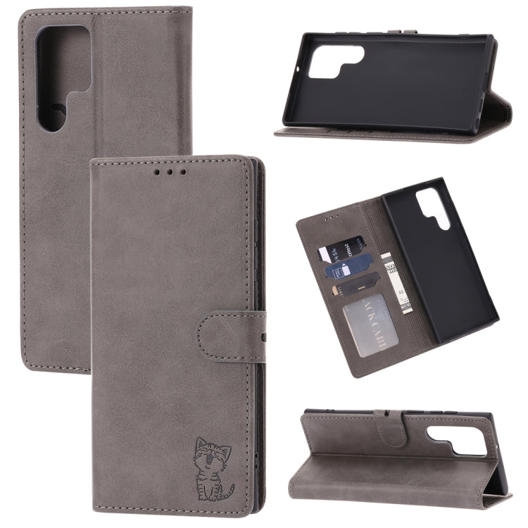 For Samsung Galaxy S25 Ultra 5G Embossed Happy Cat Pattern Flip Leather Phone Case(Grey) - Galaxy S25 Ultra 5G Cases by PMC Jewellery | Online Shopping South Africa | PMC Jewellery | Buy Now Pay Later Mobicred