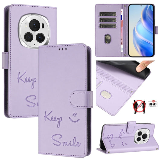 For Honor Magic6 Pro 5G Global Smile Embossing RFID Leather Phone Case(Light Purple) - Honor Cases by PMC Jewellery | Online Shopping South Africa | PMC Jewellery | Buy Now Pay Later Mobicred