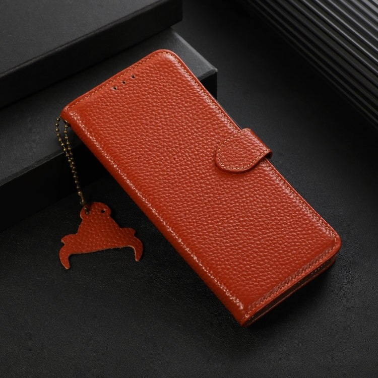 For Motorola Edge 50 Neo Genuine Leather Litchi Texture RFID Leather Phone Case(Coffee) - Motorola Cases by PMC TechLife | Online Shopping South Africa | PMC TechLife | Buy Now Pay Later Mobicred
