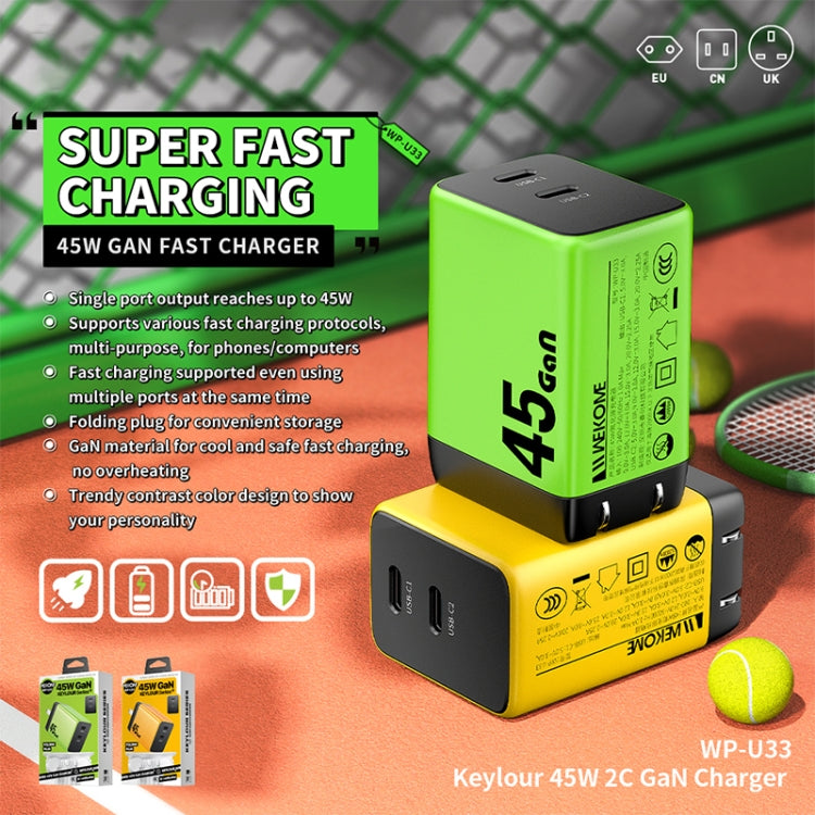 WK WP-U33 45W USB-C / Type-Cx2 GaN Fast Charger, Plug Type:UK Plug(Yellow) - USB Charger by WK | Online Shopping South Africa | PMC TechLife | Buy Now Pay Later Mobicred
