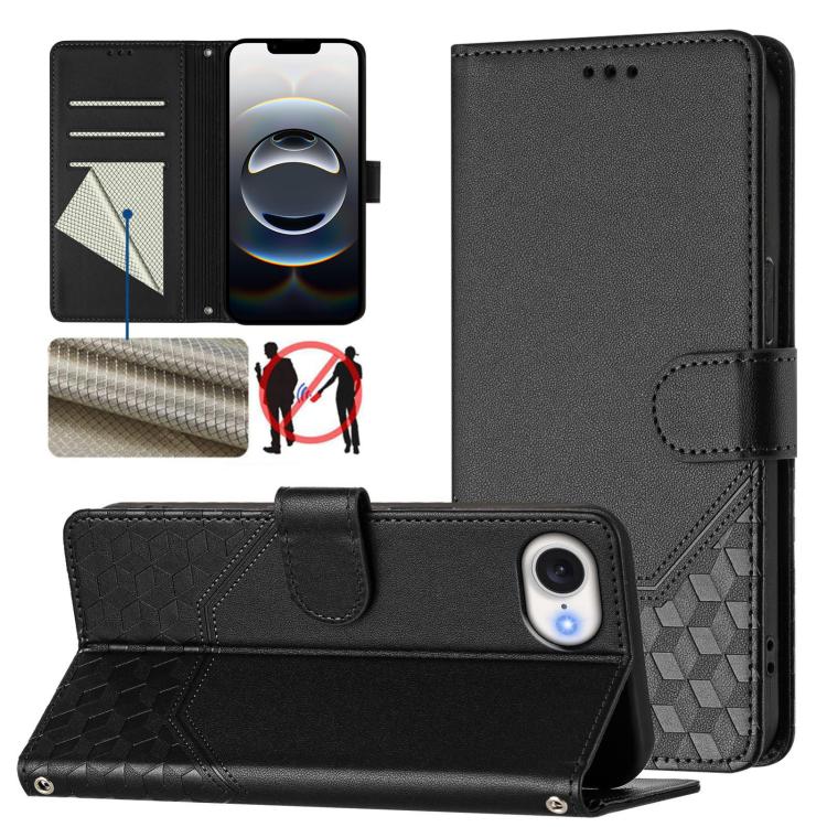 For iPhone 16e Honeycomb Embossing RFID Leather Phone Case(Black) - iPhone 16e Cases by PMC TechLife | Online Shopping South Africa | PMC TechLife | Buy Now Pay Later Mobicred