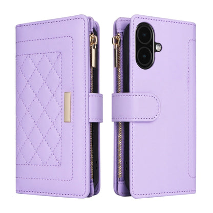 For iPhone 16 Plus Crossbody Zipper Wallet Rhombus Leather Phone Case(Purple) - iPhone 16 Plus Cases by PMC Jewellery | Online Shopping South Africa | PMC Jewellery | Buy Now Pay Later Mobicred