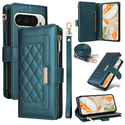 For Google Pixel 9 / 9 Pro Crossbody Zipper Wallet Rhombus Leather Phone Case(Green) - Google Cases by PMC Jewellery | Online Shopping South Africa | PMC Jewellery | Buy Now Pay Later Mobicred