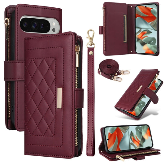 For Google Pixel 9 Pro XL Crossbody Zipper Wallet Rhombus Leather Phone Case(Wine Red) - Google Cases by PMC Jewellery | Online Shopping South Africa | PMC Jewellery | Buy Now Pay Later Mobicred