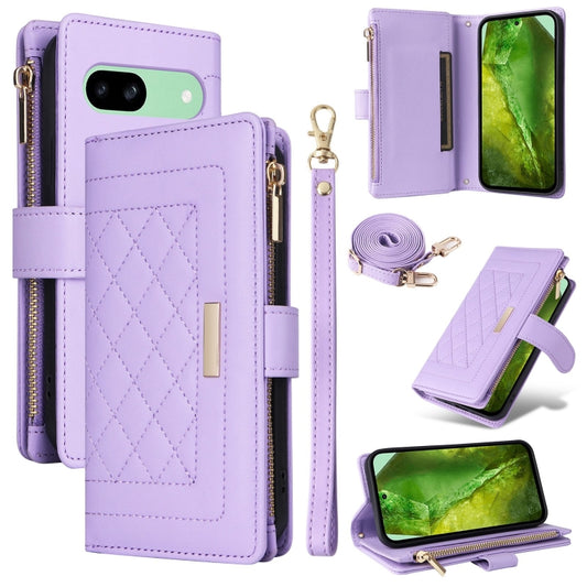 For Google Pixel 8a Crossbody Zipper Wallet Rhombus Leather Phone Case(Purple) - Google Cases by PMC Jewellery | Online Shopping South Africa | PMC Jewellery | Buy Now Pay Later Mobicred