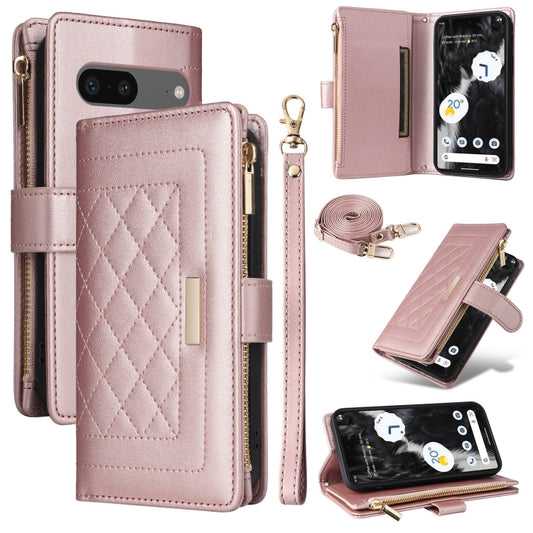 For Google Pixel 7 Crossbody Zipper Wallet Rhombus Leather Phone Case(Rose Gold) - Google Cases by PMC Jewellery | Online Shopping South Africa | PMC Jewellery | Buy Now Pay Later Mobicred