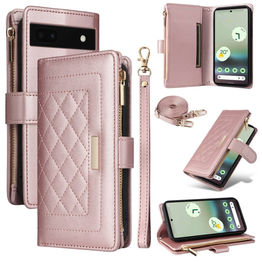 For Google Pixel 6a Crossbody Zipper Wallet Rhombus Leather Phone Case(Rose Gold) - Google Cases by PMC Jewellery | Online Shopping South Africa | PMC Jewellery | Buy Now Pay Later Mobicred