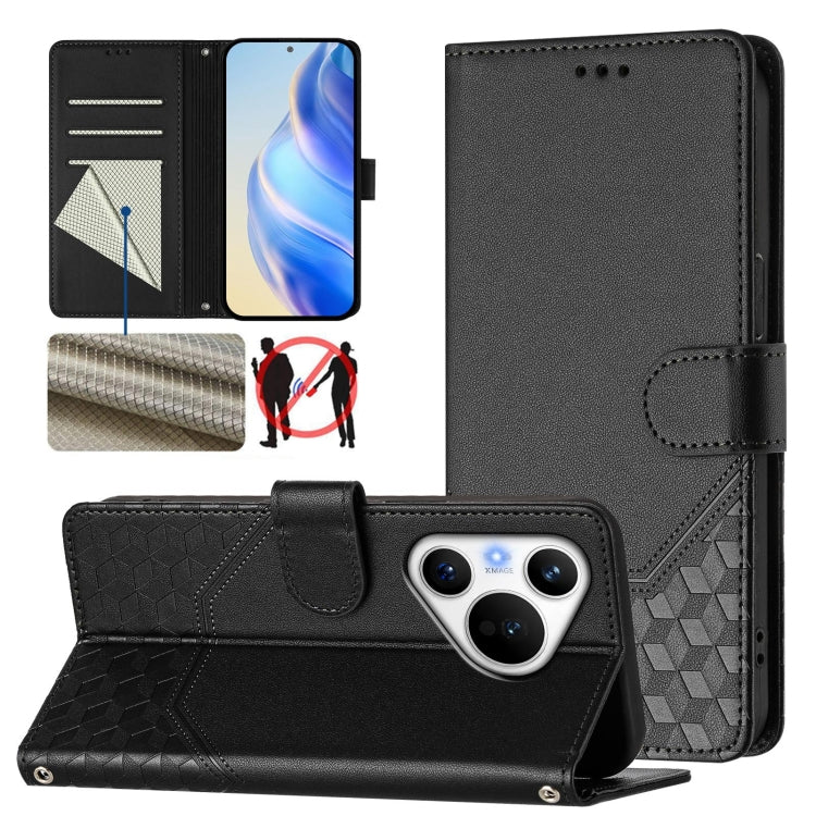 For Huawei Pura 70 Honeycomb Embossing RFID Leather Phone Case(Black) - free shipping - PMC Jewellery - Order now!