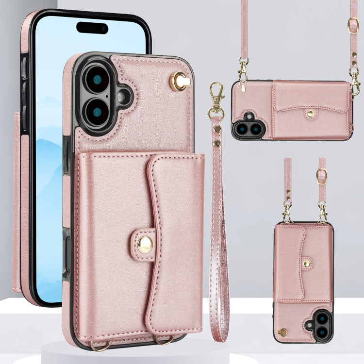 For iPhone 16 RFID Card Slot Phone Case with Long Lanyard(Rose Gold) - iPhone 16 Cases by PMC Jewellery | Online Shopping South Africa | PMC Jewellery | Buy Now Pay Later Mobicred