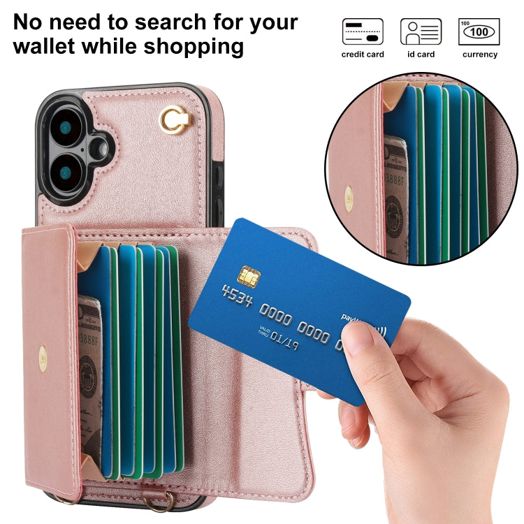 For iPhone 16 RFID Card Slot Phone Case with Long Lanyard(Rose Gold) - iPhone 16 Cases by PMC Jewellery | Online Shopping South Africa | PMC Jewellery | Buy Now Pay Later Mobicred