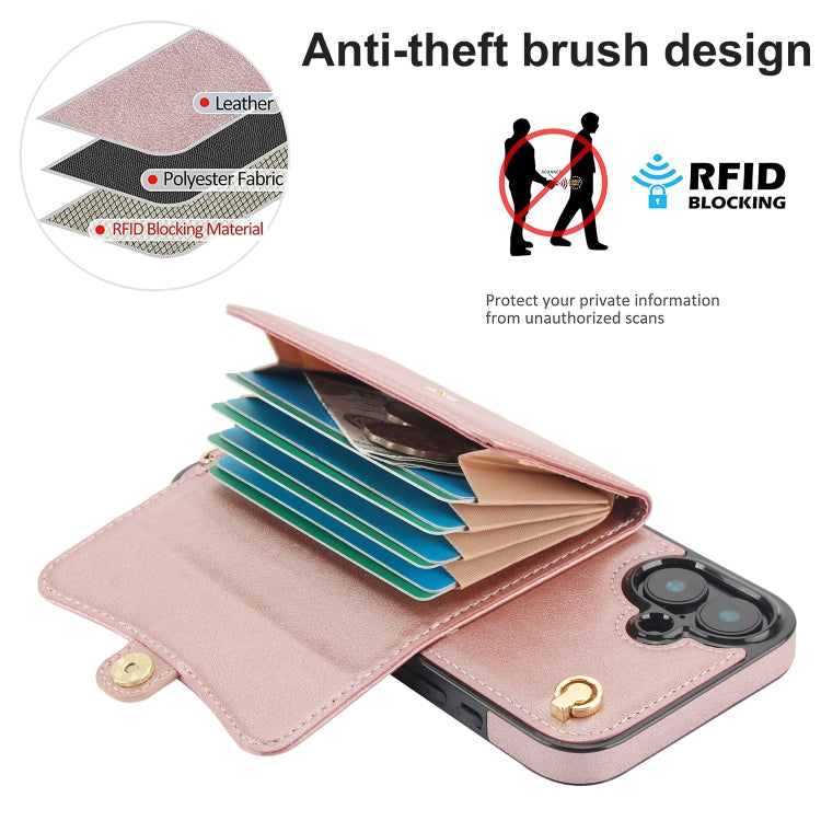 For iPhone 16 RFID Card Slot Phone Case with Long Lanyard(Rose Gold) - iPhone 16 Cases by PMC Jewellery | Online Shopping South Africa | PMC Jewellery | Buy Now Pay Later Mobicred