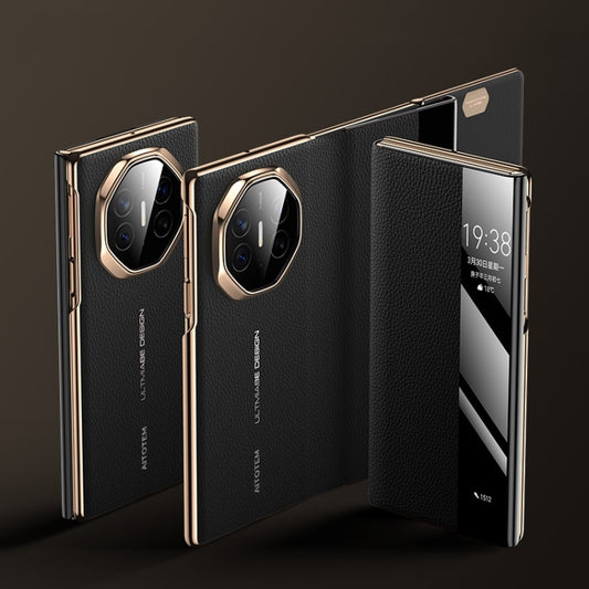 For Huawei Mate XT Ultimate Design View Window Genuine Leather Electroplating Phone Case(Black Gold) - Huawei Cases by PMC Jewellery | Online Shopping South Africa | PMC Jewellery | Buy Now Pay Later Mobicred