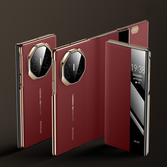 For Huawei Mate XT Ultimate Design View Window Genuine Leather Electroplating Phone Case(Red) - Huawei Cases by PMC Jewellery | Online Shopping South Africa | PMC Jewellery | Buy Now Pay Later Mobicred