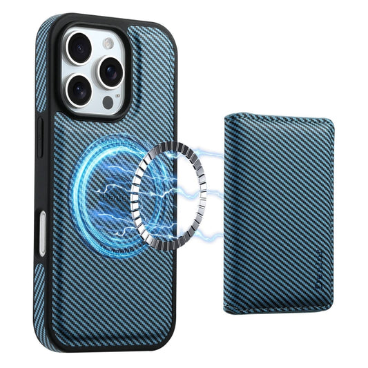 For iPhone 16 Pro Max Denior Carbon Fiber Texture Leather Card Bag MagSafe Phone Case(Blue) - iPhone 16 Pro Max Cases by Denior | Online Shopping South Africa | PMC Jewellery | Buy Now Pay Later Mobicred