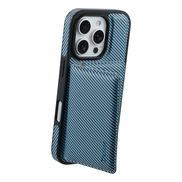 For iPhone 16 Plus Denior Carbon Fiber Texture Leather Card Bag MagSafe Phone Case(Blue) - iPhone 16 Plus Cases by Denior | Online Shopping South Africa | PMC Jewellery | Buy Now Pay Later Mobicred