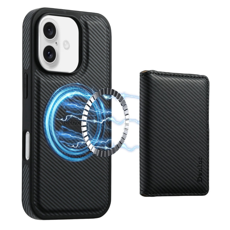 For iPhone 16 Denior Carbon Fiber Texture Leather Card Bag MagSafe Phone Case(Black) - iPhone 16 Cases by Denior | Online Shopping South Africa | PMC Jewellery | Buy Now Pay Later Mobicred