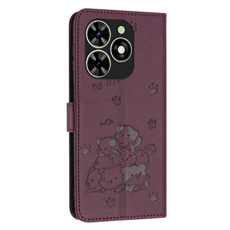 For Tecno Spark Go 2024 4G Embossed Kitten Phone Leather Case with Lanyard(Wine Red) - Tecno Cases by PMC Jewellery | Online Shopping South Africa | PMC Jewellery | Buy Now Pay Later Mobicred