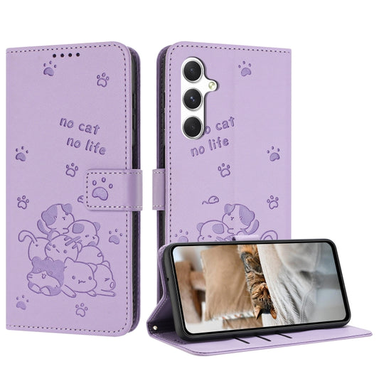 For Samsung Galaxy S25+ / S24+ 5G Embossed Kitten Phone Leather Case with Lanyard(Purple) - Galaxy S24+ 5G Cases by PMC Jewellery | Online Shopping South Africa | PMC Jewellery | Buy Now Pay Later Mobicred