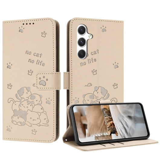 For Samsung Galaxy S25 / S24 5G Embossed Kitten Phone Leather Case with Lanyard(Beige) - Galaxy S24 5G Cases by PMC Jewellery | Online Shopping South Africa | PMC Jewellery | Buy Now Pay Later Mobicred