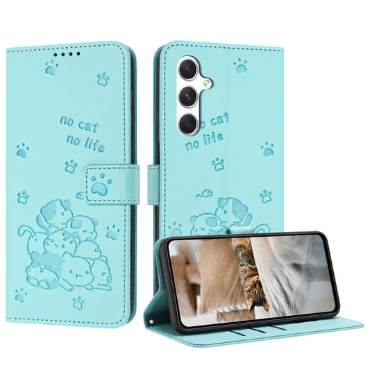 For Samsung Galaxy S25 / S24 5G Embossed Kitten Phone Leather Case with Lanyard(Mint Green) - Galaxy S24 5G Cases by PMC Jewellery | Online Shopping South Africa | PMC Jewellery | Buy Now Pay Later Mobicred