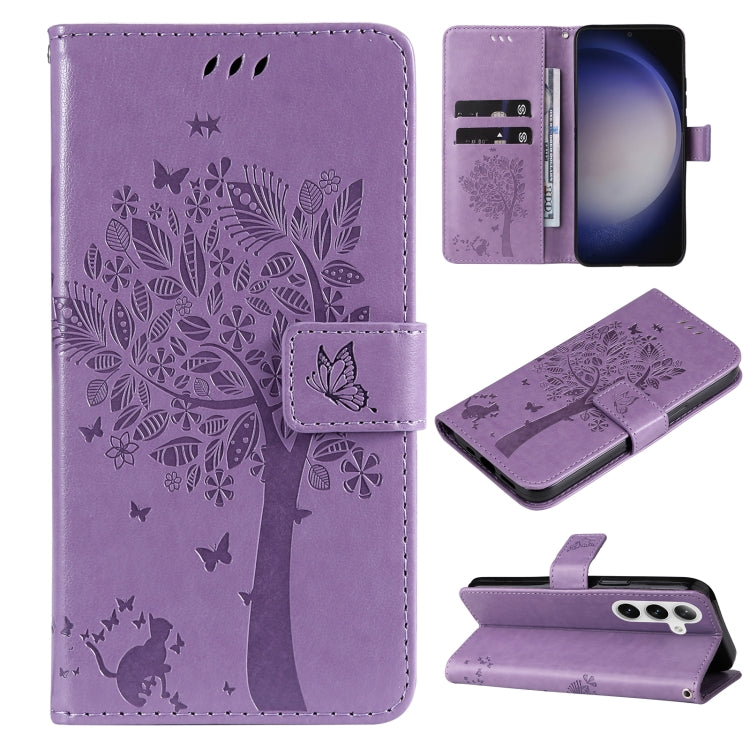 For Samsung Galaxy S25 / S24 5G Tree & Cat Embossed Pattern Flip Leather Phone Case(Light Purple) - Galaxy S25 5G Cases by PMC TechLife | Online Shopping South Africa | PMC TechLife | Buy Now Pay Later Mobicred