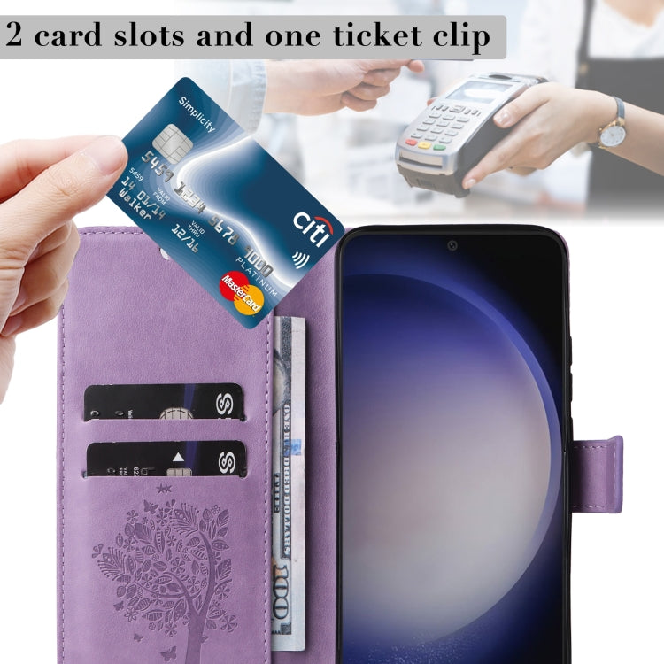 For Samsung Galaxy S25 / S24 5G Tree & Cat Embossed Pattern Flip Leather Phone Case(Light Purple) - Galaxy S25 5G Cases by PMC TechLife | Online Shopping South Africa | PMC TechLife | Buy Now Pay Later Mobicred