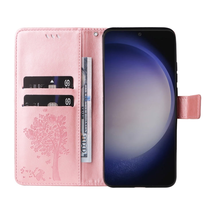 For Samsung Galaxy S25 / S24 5G Tree & Cat Embossed Pattern Flip Leather Phone Case(Rose Gold) - Galaxy S25 5G Cases by PMC TechLife | Online Shopping South Africa | PMC TechLife | Buy Now Pay Later Mobicred