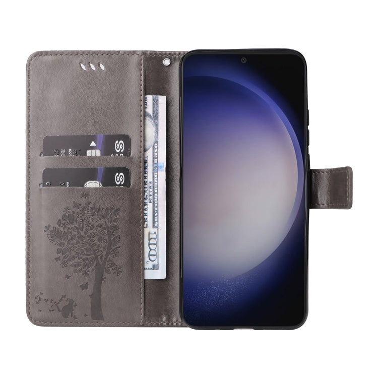 For Samsung Galaxy S25+ / S24+ 5G Tree & Cat Embossed Pattern Flip Leather Phone Case(Grey) - Galaxy S25+ 5G Cases by PMC Jewellery | Online Shopping South Africa | PMC Jewellery | Buy Now Pay Later Mobicred