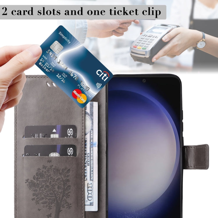 For Samsung Galaxy S25+ / S24+ 5G Tree & Cat Embossed Pattern Flip Leather Phone Case(Grey) - Galaxy S25+ 5G Cases by PMC Jewellery | Online Shopping South Africa | PMC Jewellery | Buy Now Pay Later Mobicred