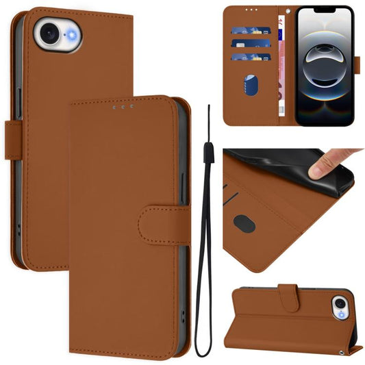 For iPhone 16e Skin Feel Solid Color Leather Phone Case with Lanyard(Brown) - iPhone 16e Cases by PMC Jewellery | Online Shopping South Africa | PMC Jewellery | Buy Now Pay Later Mobicred