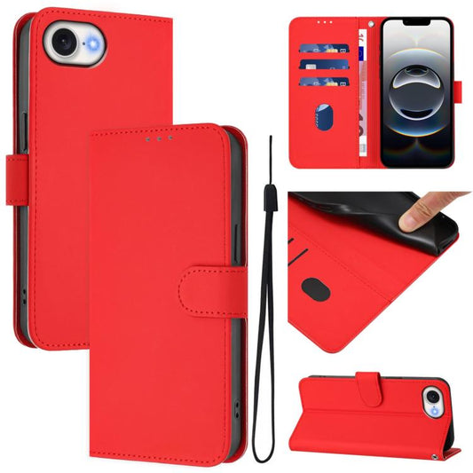 For iPhone 16e Skin Feel Solid Color Leather Phone Case with Lanyard(Red) - iPhone 16e Cases by PMC Jewellery | Online Shopping South Africa | PMC Jewellery | Buy Now Pay Later Mobicred